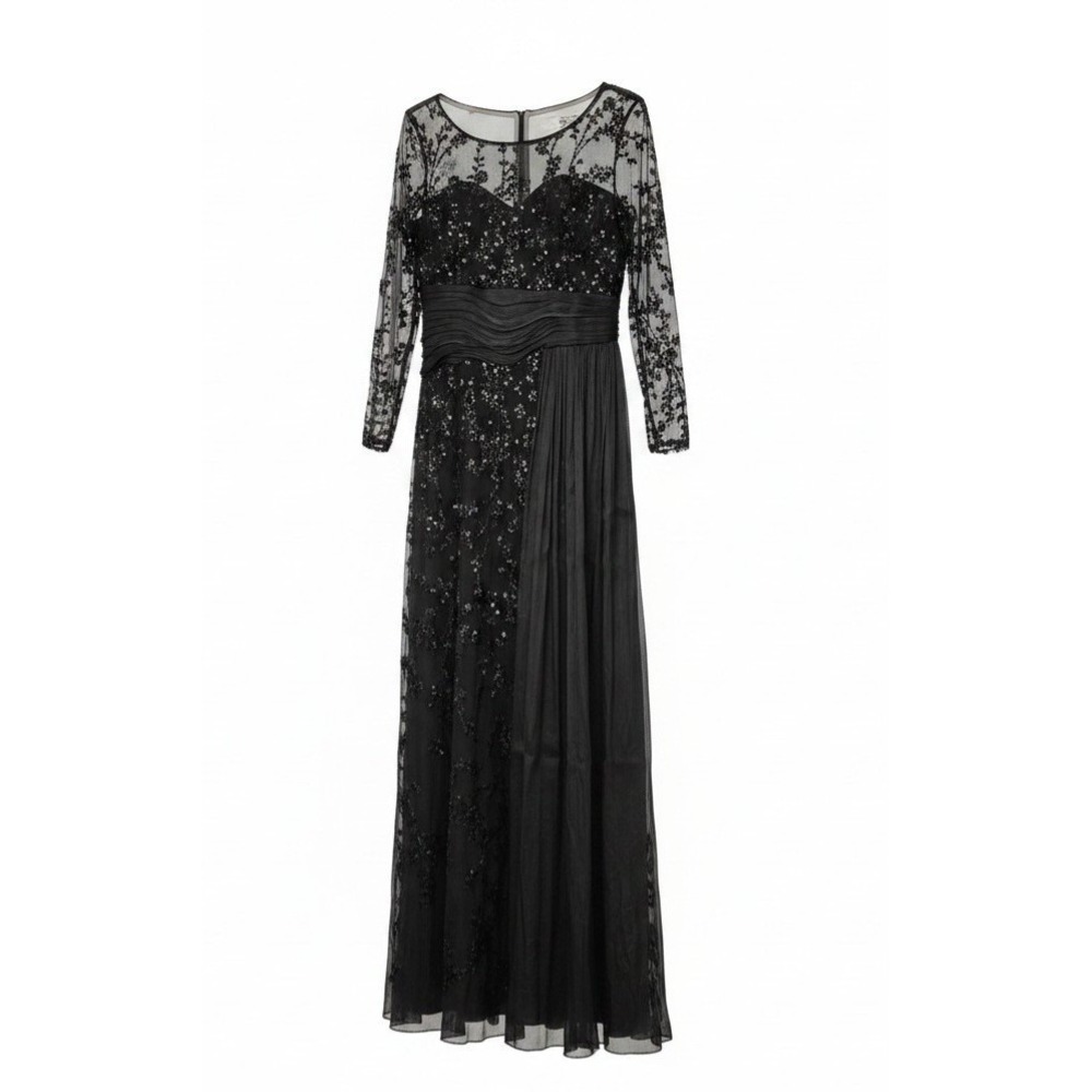 PB Black Sequin Formal Gown 1XL NWT Long Sleeve Mesh Evening Dress Maxi Prom...